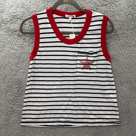 Anthropologie Sundrey NWT XS Optic White With Navy Stripe Tank Star Pocket Red - Picture 5 of 9
